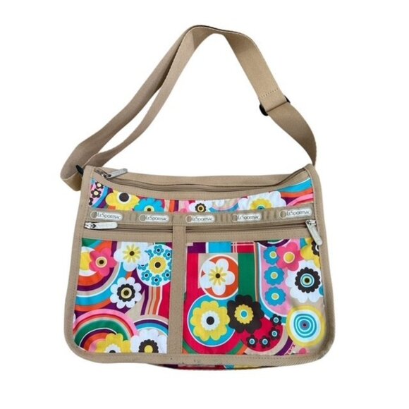 LeSportsac Deluxe Everyday Crossbody Bag Tan Nylon Adjustable Strap Jukebox Rare - Picture 1 of 12